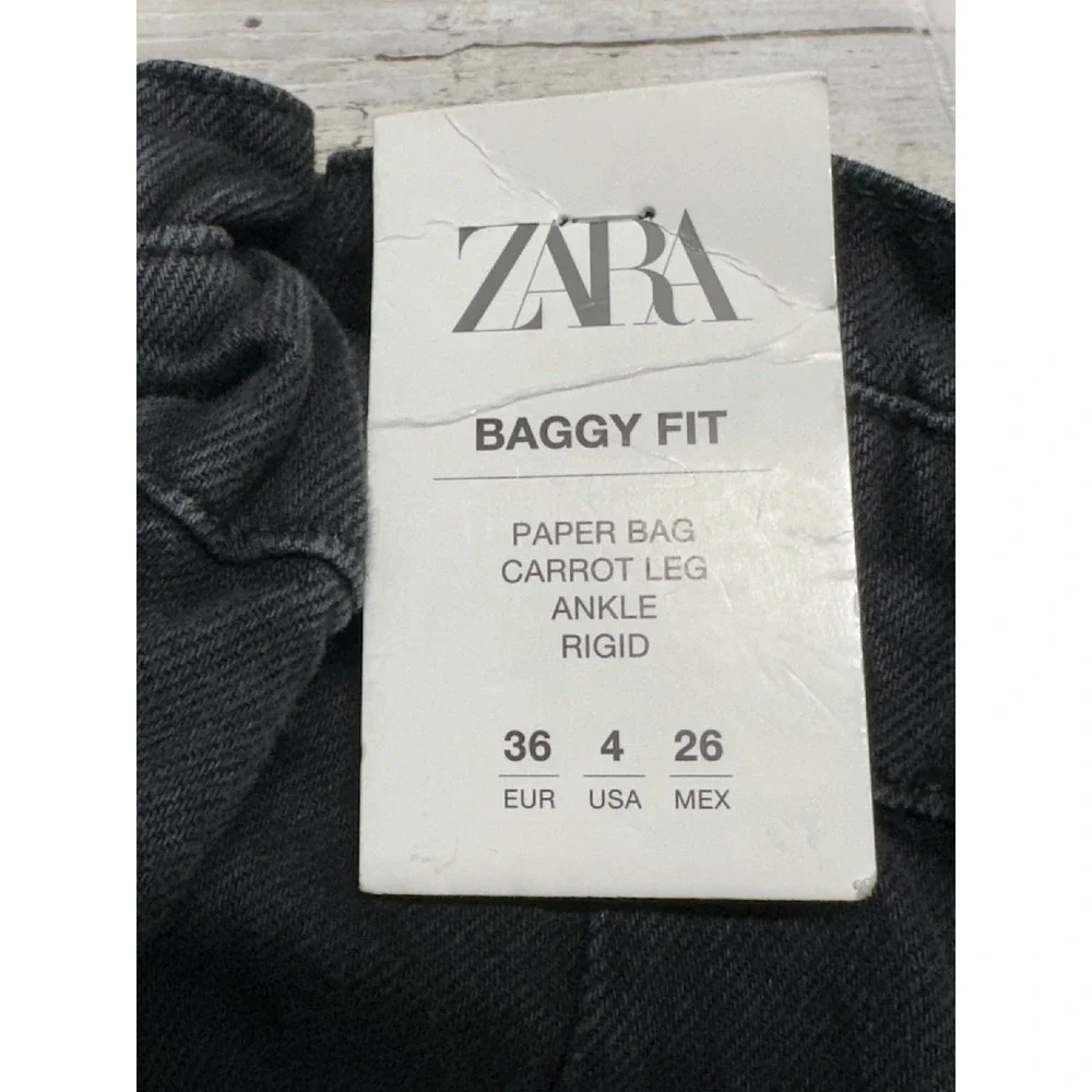 Zara Baggy Fit Paperbag Waist Carrot Leg Jeans Black Rigid Denim Womens 4 NEW - Picture 4 of 10